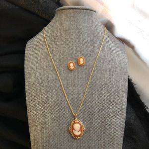 Vintage signed Crown Trifari cameo set necklace earrings